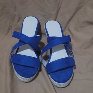 Blue Suede Cross Strap Braided Rope Wedge Heels Women's 8